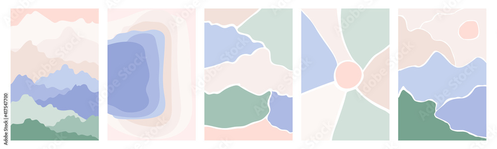 Fototapeta premium Abstract landscape modern background set with mountains, clouds, sunrise and sky. Mid century modern minimalist print. Scandinavian poster design in pastel colors. Vertical template boho illustration.