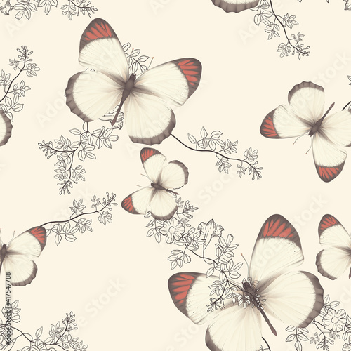 Animal seamless pattern, Colotis antevippe butterfly and flowers illustration on bright orange photo