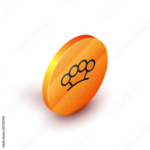 Isometric Brass knuckles icon isolated on white background. Orange circle button. Vector.