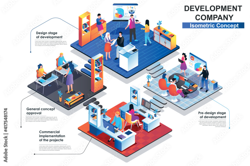 Development company interior isometric concept. Scenes of approval and ...