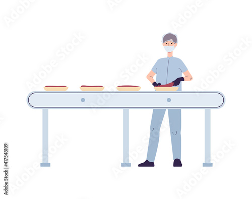 Meat processing plant with worker packing meat, vector illustration isolated.
