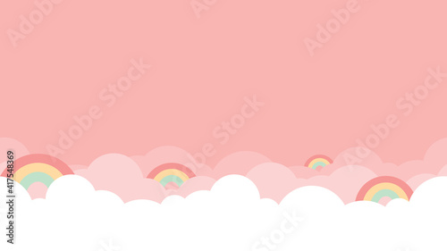 Colorful rainbow with white cloud and bright pink sky bottom border seamless pattern.