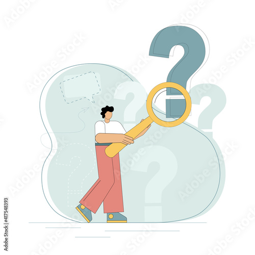 Question concept. A man holds a magnifying glass and examines through it at points of questioning. Frequently asked questions, inquiry, investigation, information retrieval. Vector flat illustration.
