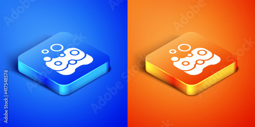 Isometric Sponge icon isolated on blue and orange background. Wisp of bast for washing dishes. Cleaning service concept. Square button. Vector.