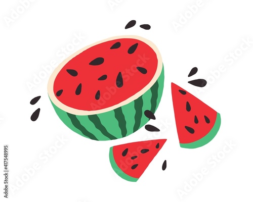 Half of watermelon with slices and seeds. Bright juicy summer fruit. Colored flat vector illustration isolated on white background