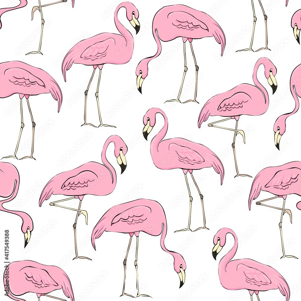 Obraz premium Flamingos on a background of tropical leaves and flowers. Seamless pattern. Flamingo cartoon print. Vector clipart element for design of fabric, paper, wallpaper, backgrounds.