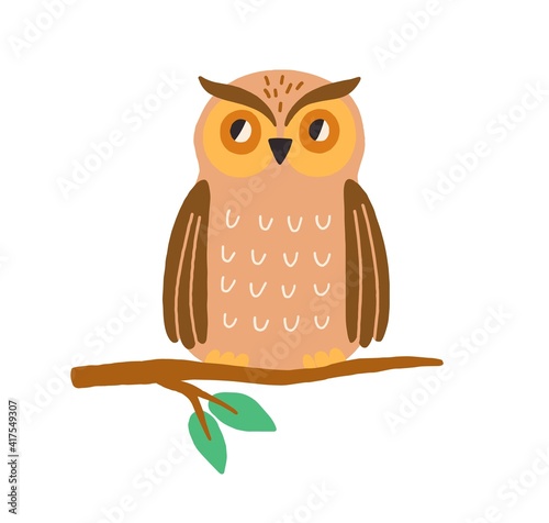 Cute owl sitting on tree branch. Funny wild bird isolated on white background. Colored flat vector illustration of baby character