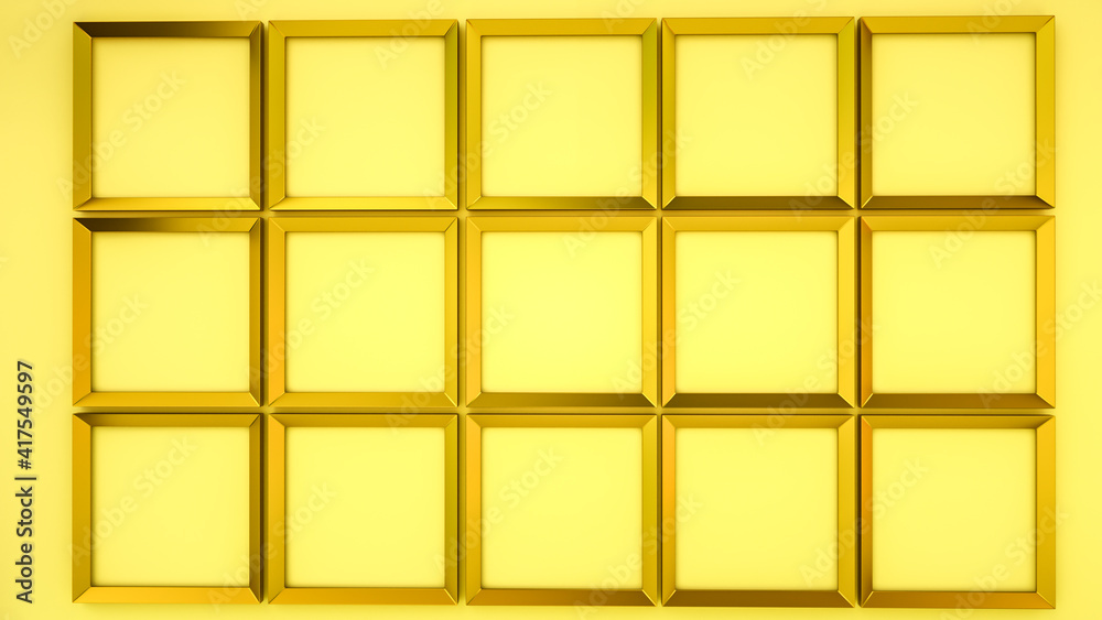 golden rectangular frames on a yellow background. blank square frames for photos. 3d render illustration