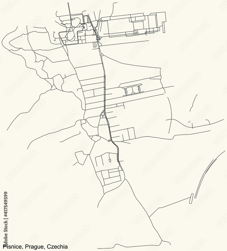 Black simple detailed street roads map on vintage beige background of the municipal district Písnice cadastral area of Prague, Czech Republic