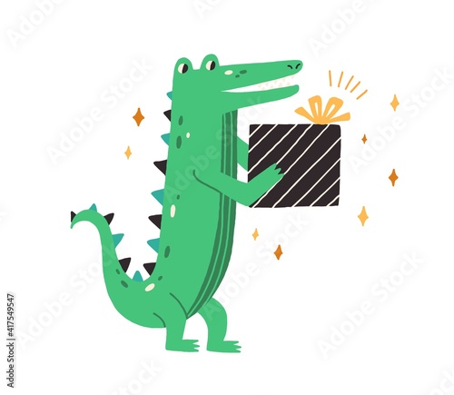 Cute green crocodile holding birthday gift. Baby animal in scandi style. Little smiling gator with present in paws. Colored flat vector illustration isolated on white background