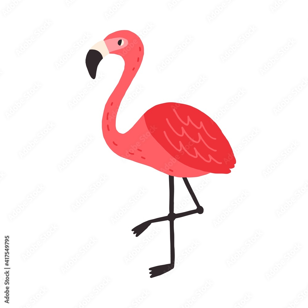 Fototapeta premium Cute funny flamingo standing on one leg. Tropical pink bird drawn in doodle style. Colored flat vector illustration of baby character isolated on white background