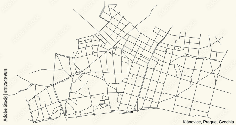 Black simple detailed street roads map on vintage beige background of the municipal district Klánovice cadastral area of Prague, Czech Republic