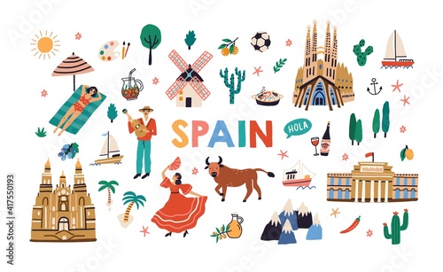Bundle of symbols of traditional Spanish culture and architecture. Set of people, buildings, plants, food and landmarks of Spain. Colored flat vector illustration isolated on white background