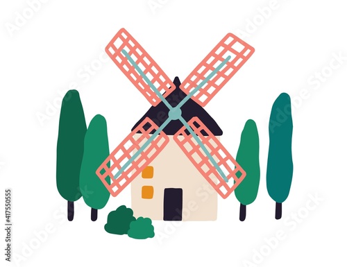 Old windmill among trees. Holland farm tower of wind mill with propeller. Hand-drawn colored flat vector illustration isolated on white background