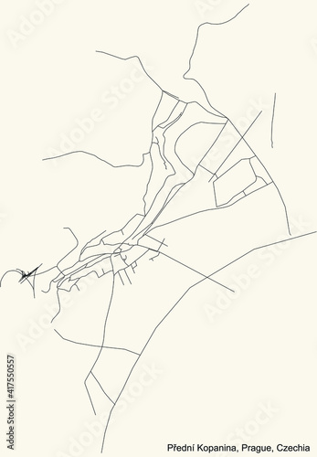 Black simple detailed street roads map on vintage beige background of the municipal district Přední Kopanina cadastral area of Prague, Czech Republic