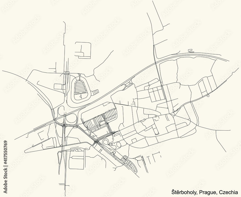Fototapeta premium Black simple detailed street roads map on vintage beige background of the municipal district Štěrboholy cadastral area of Prague, Czech Republic