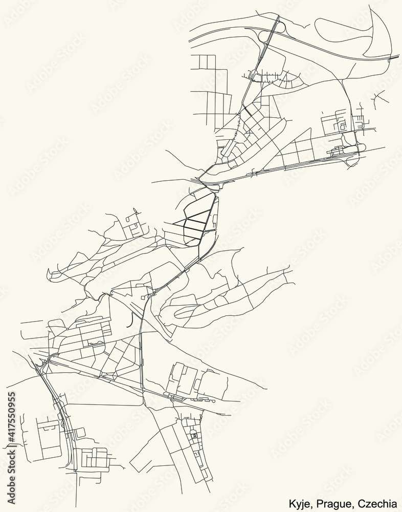 Black simple detailed street roads map on vintage beige background of the municipal district Kyje cadastral area of Prague, Czech Republic