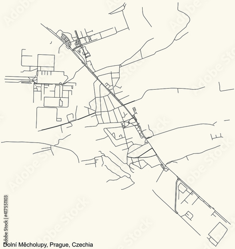 Black simple detailed street roads map on vintage beige background of the municipal district Dolní Měcholupy cadastral area of Prague, Czech Republic