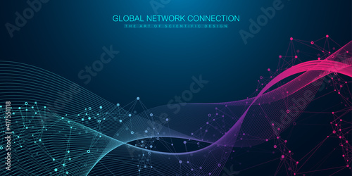 Geometric abstract background with connected lines and dots. Connectivity flow point. Molecule and communication background. Graphic connection background for your design. Vector illustration.