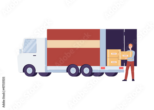 Worker of poultry factory or chicken farm, flat vector illustration isolated.