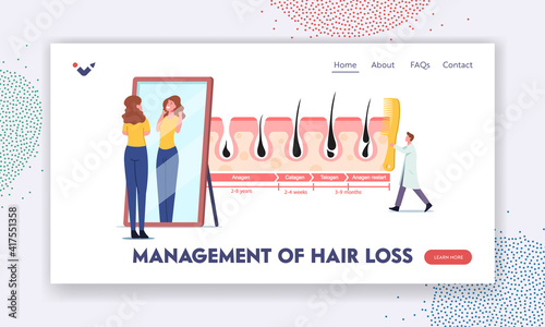 Management of Hair Loss Landing Page Template. Woman Admire of her Shag in Mirror. Tiny Doctor with Huge Comb