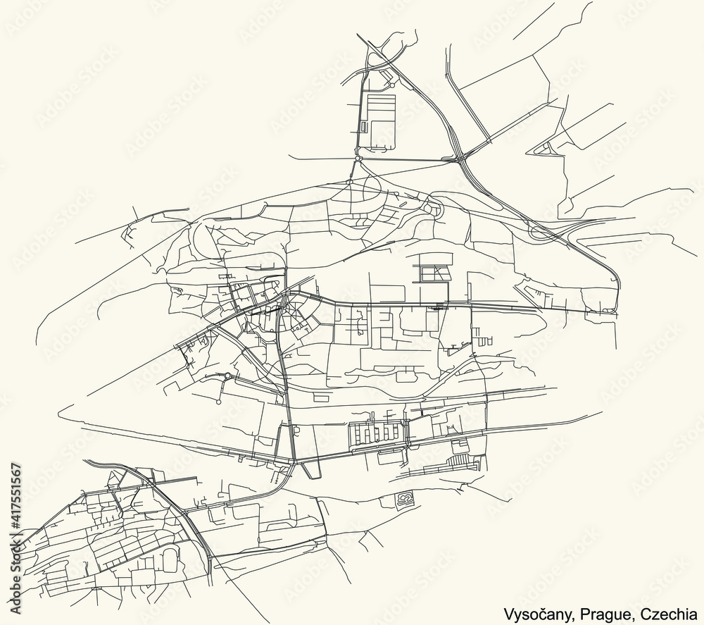 Black simple detailed street roads map on vintage beige background of the municipal district Vysočany cadastral area of Prague, Czech Republic