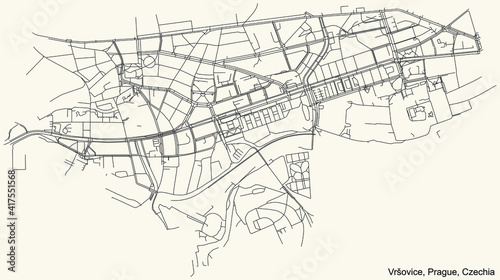 Black simple detailed street roads map on vintage beige background of the municipal district Vršovice cadastral area of Prague, Czech Republic