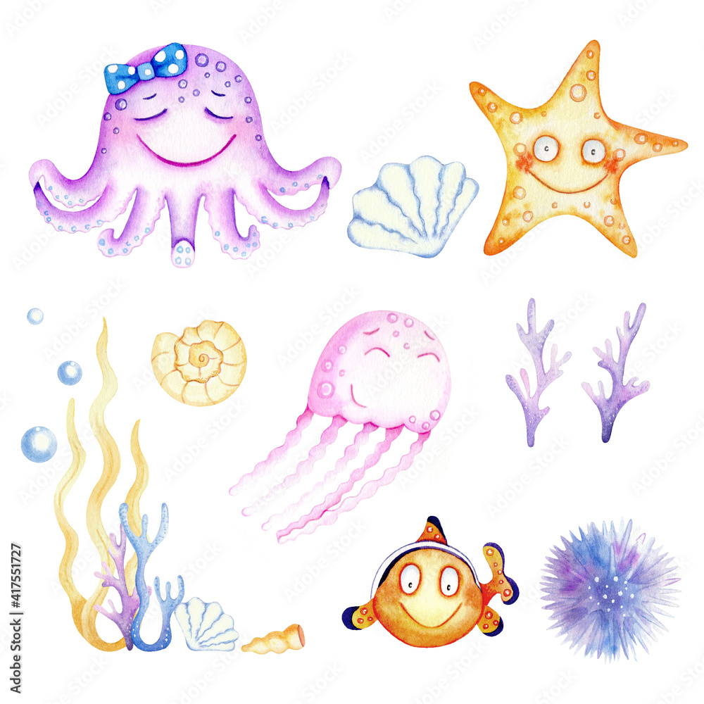 Watercolor set of sea inhabitants, cartoon animals, sea animals, childish illustration, underwater world, baby show, set with sea animals. Jellyfish, octopus, starfish, fish, seaweed, shells.