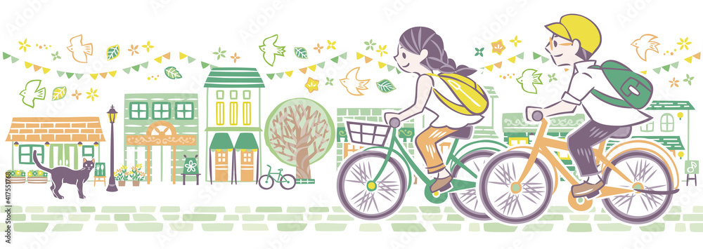 にぎやかな夏の街並み　サイクリングを楽しむ男性と女性