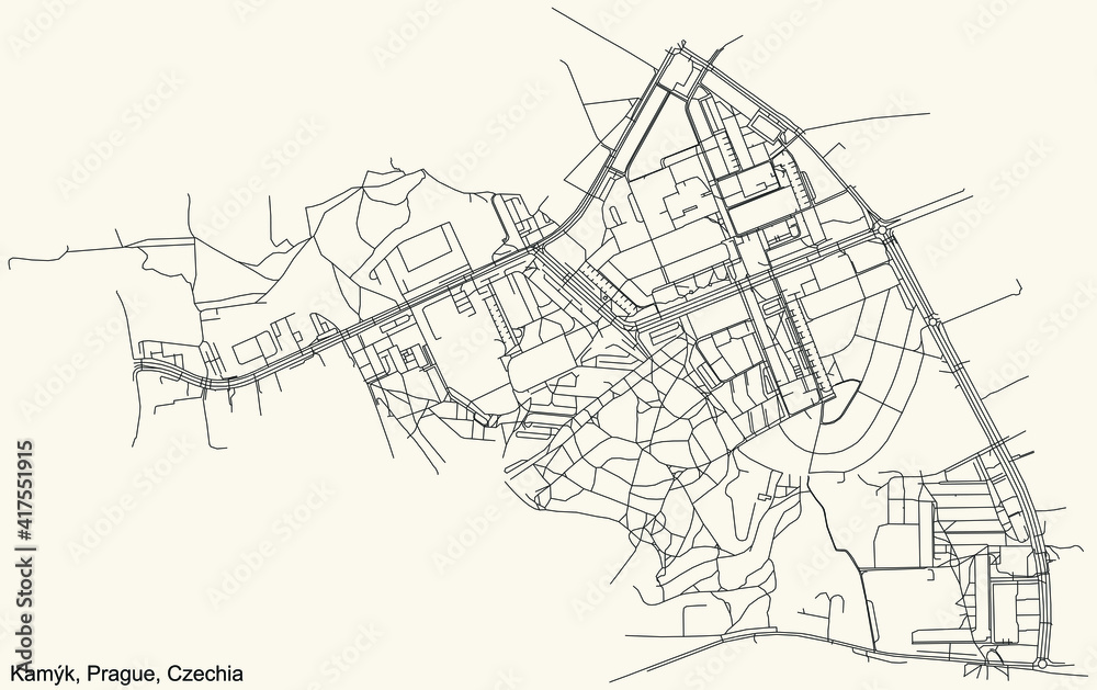 Black simple detailed street roads map on vintage beige background of the municipal district Kamýk cadastral area of Prague, Czech Republic