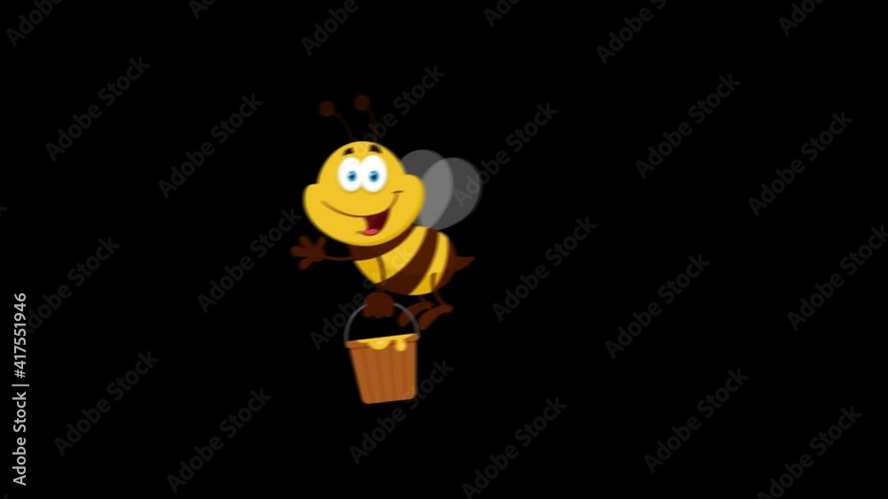 Bee Cartoon Character Flying With Bucket. 4K Animation Video Motion Graphics Without Background