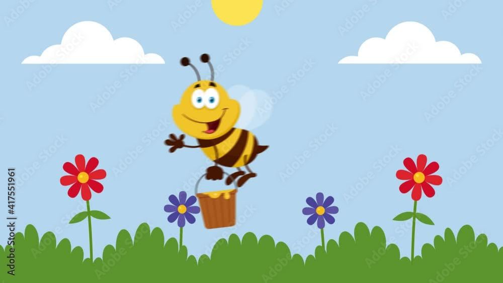 Bee Cartoon Character Flying With Bucket In The Garden. Vector Illustration Flat Design With Background