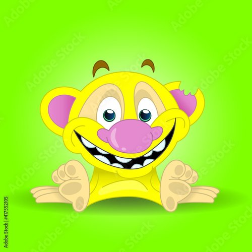 a yellow monkey monster on a green background
