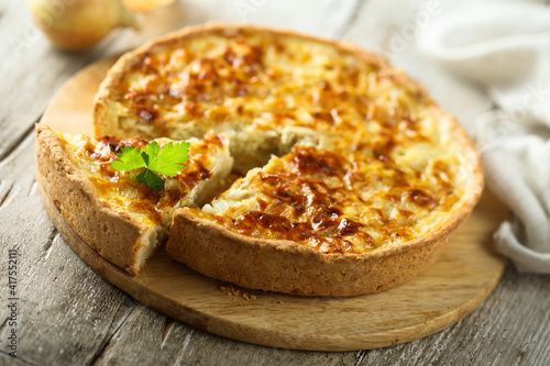 Traditional homemade onion pie or quiche
