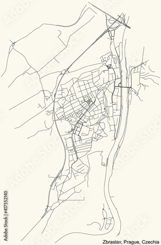 Black simple detailed street roads map on vintage beige background of the municipal district Zbraslav cadastral area of Prague, Czech Republic