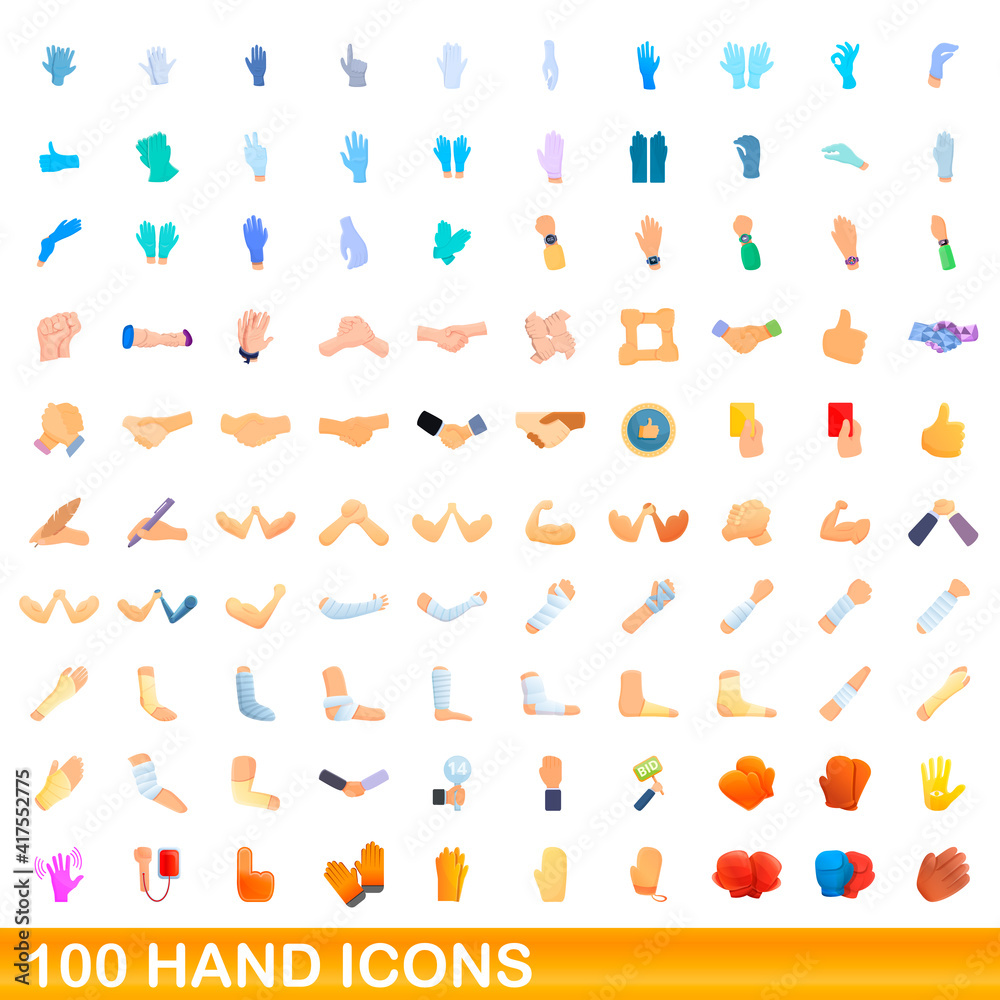 100 hand icons set. Cartoon illustration of 100 hand icons vector set isolated on white background
