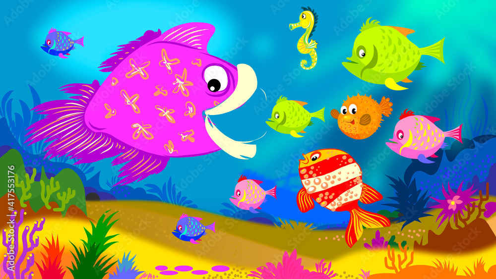 Naklejka premium Colored illustration on the theme of the underwater world. Tropical fish. Fish ball.