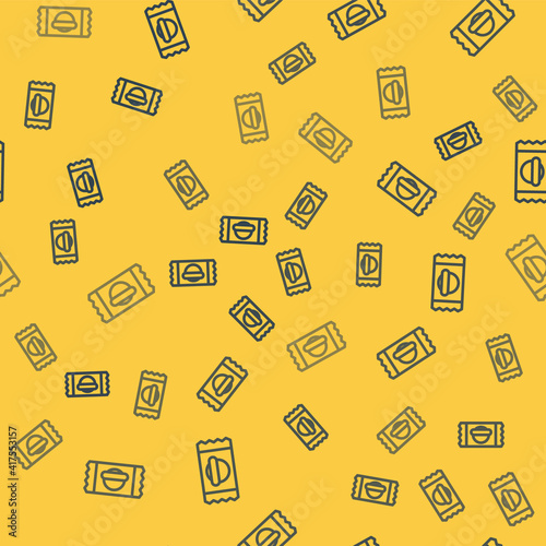 Blue line Sports nutrition bodybuilding proteine power drink and food icon isolated seamless pattern on yellow background. Vector.