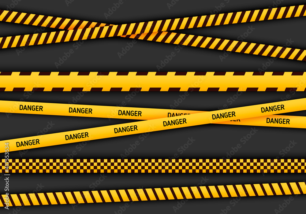 Caution and danger tapes in yellow and black color. Police attention line or under construction ribbon, warning signs collection on black background Caution and danger tapes in yellow and black color. Police attention line or under construction ribbon, warning signs collection on black background