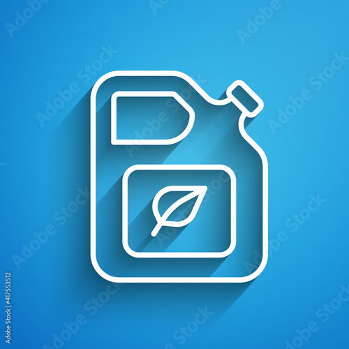 White line Bio fuel canister icon isolated on blue background. Eco bio and barrel. Green environment and recycle. Long shadow. Vector.