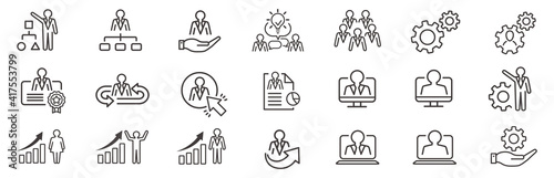 Management line icons. Business people, Algorithm and Group. Startup strategy linear icon set. Vector