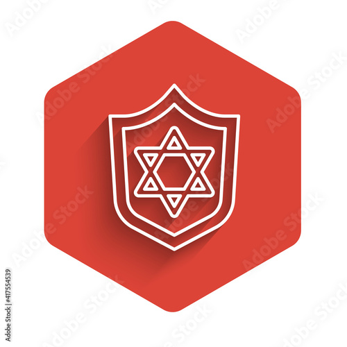 White line Shield with Star of David icon isolated with long shadow. Jewish religion symbol. Symbol of Israel. Red hexagon button. Vector.