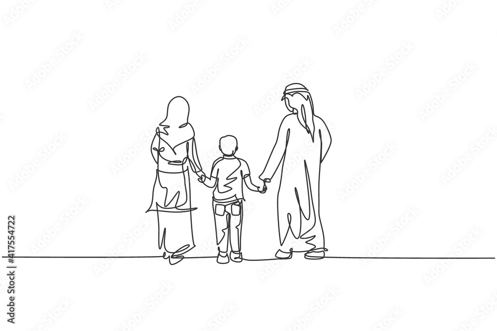 One single line drawing of young Islamic mom and dad walking together and hold their boy's hand vector illustration. Arabian muslim happy family parenting concept. Modern continuous line draw design