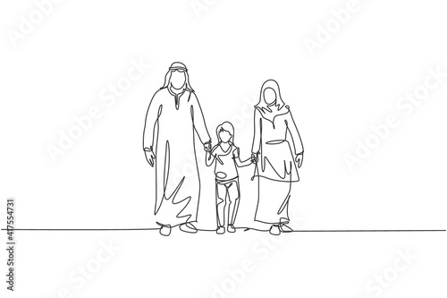 Single continuous line drawing of young Arabian mom and dad walking and holding their daughter's hand together. Islamic muslim happy family parenting concept. One line draw design vector illustration