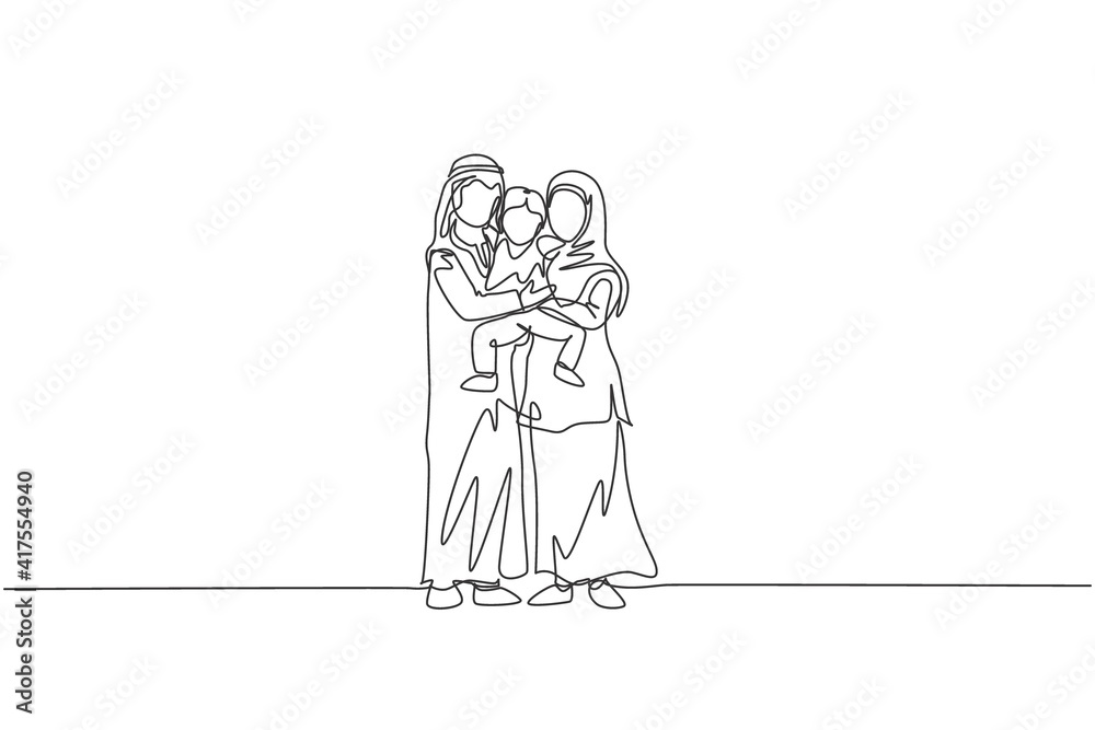 Single continuous line drawing of young happy Islamic mother and father hugging and lifting their boy son together. Muslim happy family parenting concept. One line draw design vector illustration Single continuous line drawing of young happy Islamic mother and father hugging and lifting their boy son together. Muslim happy family parenting concept. One line draw design vector illustration