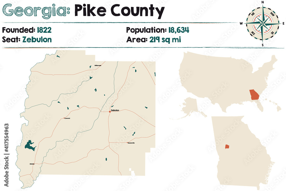 Large and detailed map of Pike county in Georgia, USA.