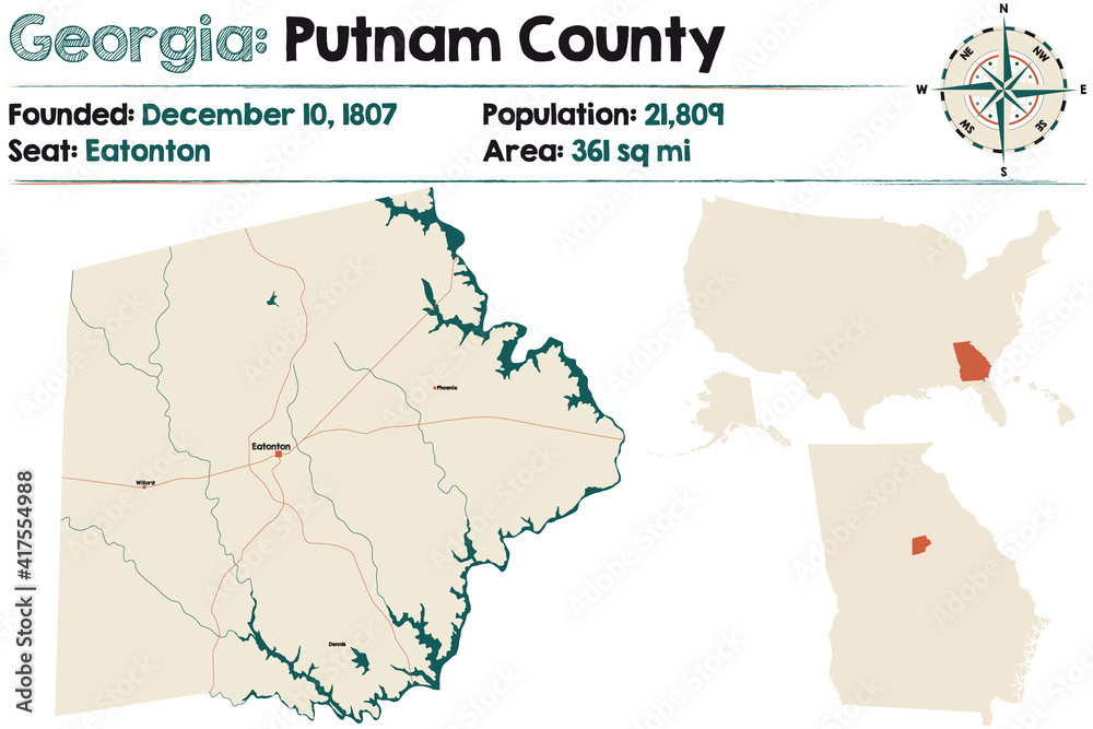 Large and detailed map of Putnam county in Georgia, USA.