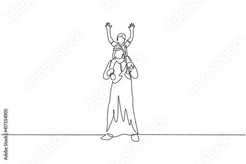 Single continuous line drawing of young happy Islamic dad playing and lifting his boy son on shoulder. Arabian muslim happy family parenting concept. One line draw design vector illustration