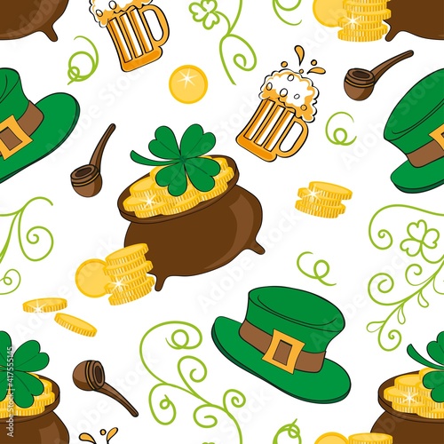 Pattern, seamless pattern with symbols of St. Patrick's Day. Hand drawn background for packaging, banner, cover, postcard.