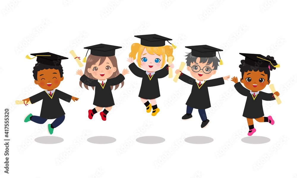 Cute boy and girl in graduation gown jumping together. Flat vector cartoon  character design isolated Stock Vector | Adobe Stock